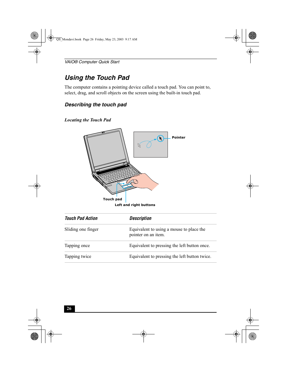 Using the touch pad, Describing the touch pad | Sony PCG-FRV27 User Manual | Page 26 / 68