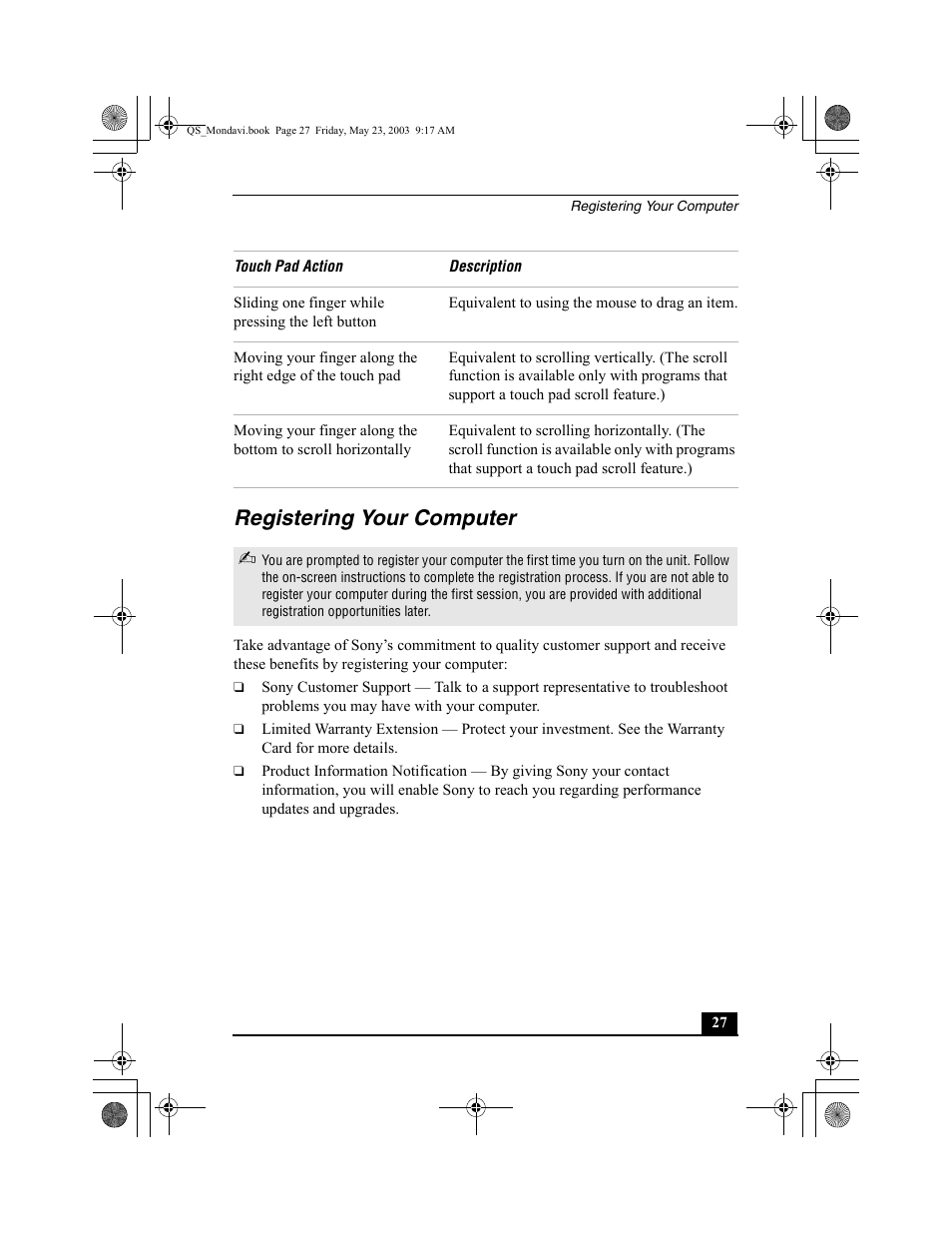 Registering your computer | Sony PCG-FRV27 User Manual | Page 27 / 68