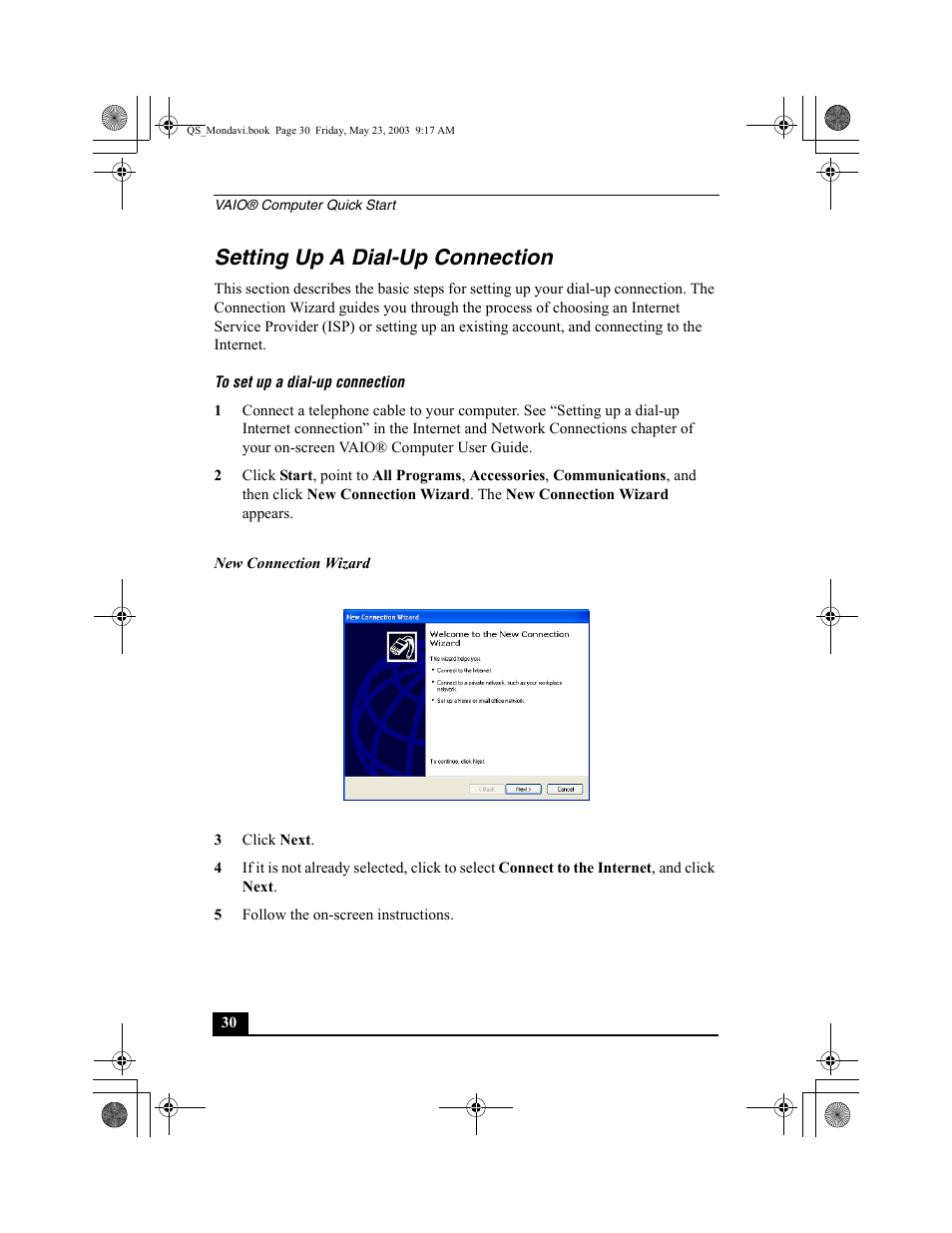 Setting up a dial-up connection | Sony PCG-FRV27 User Manual | Page 30 / 68