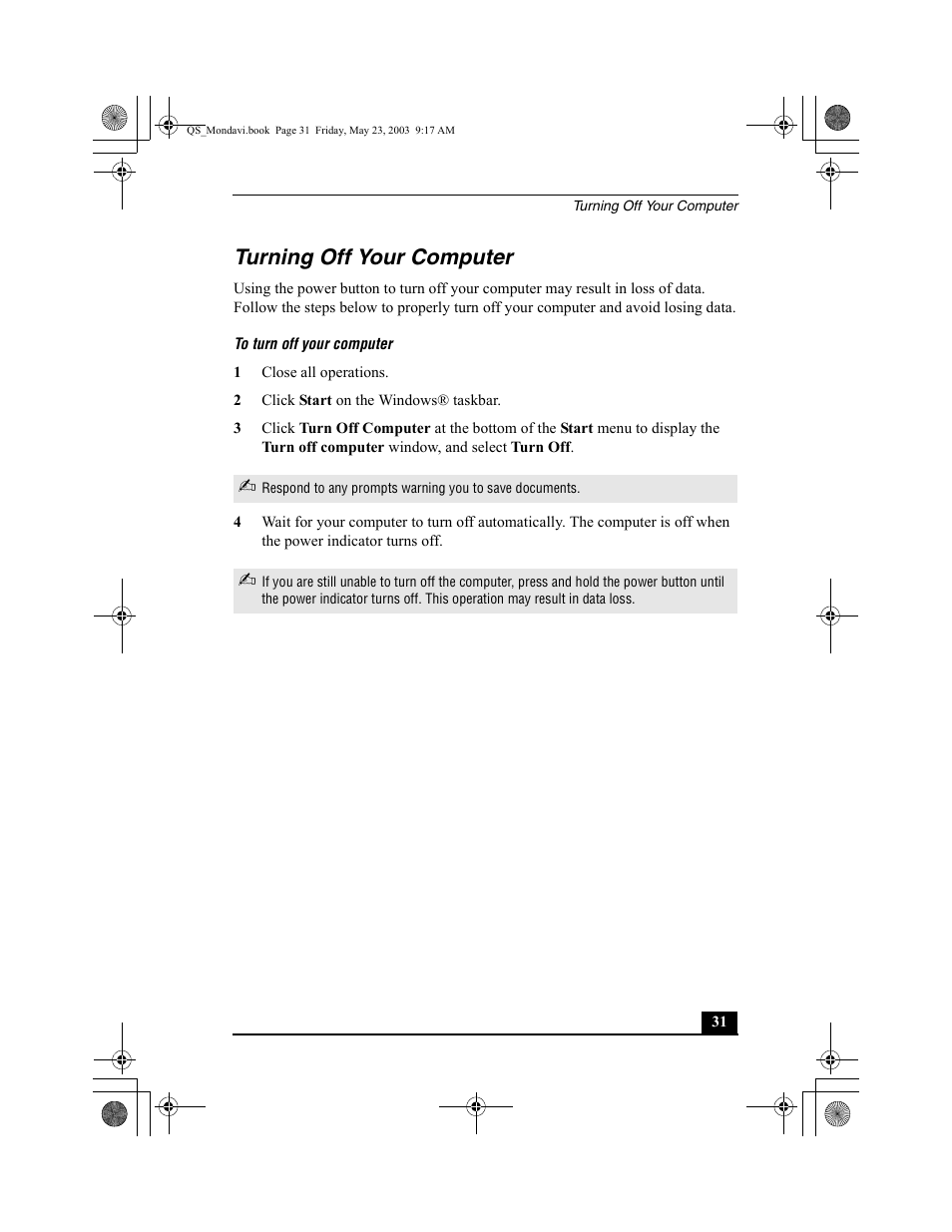 Turning off your computer | Sony PCG-FRV27 User Manual | Page 31 / 68