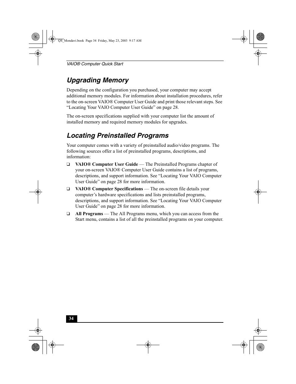 Upgrading memory, Locating preinstalled programs, Upgrading memory locating preinstalled programs | Sony PCG-FRV27 User Manual | Page 34 / 68