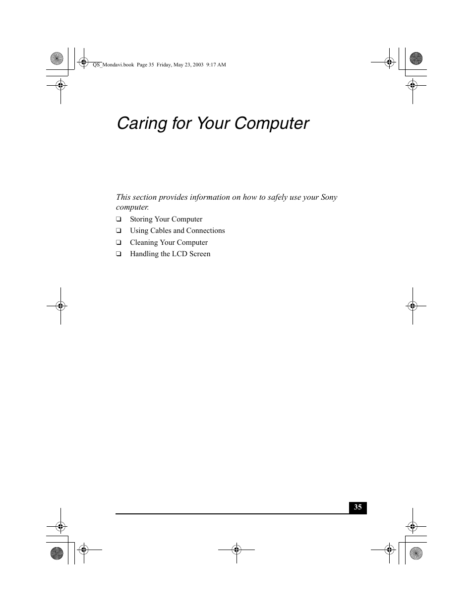 Caring for your computer | Sony PCG-FRV27 User Manual | Page 35 / 68