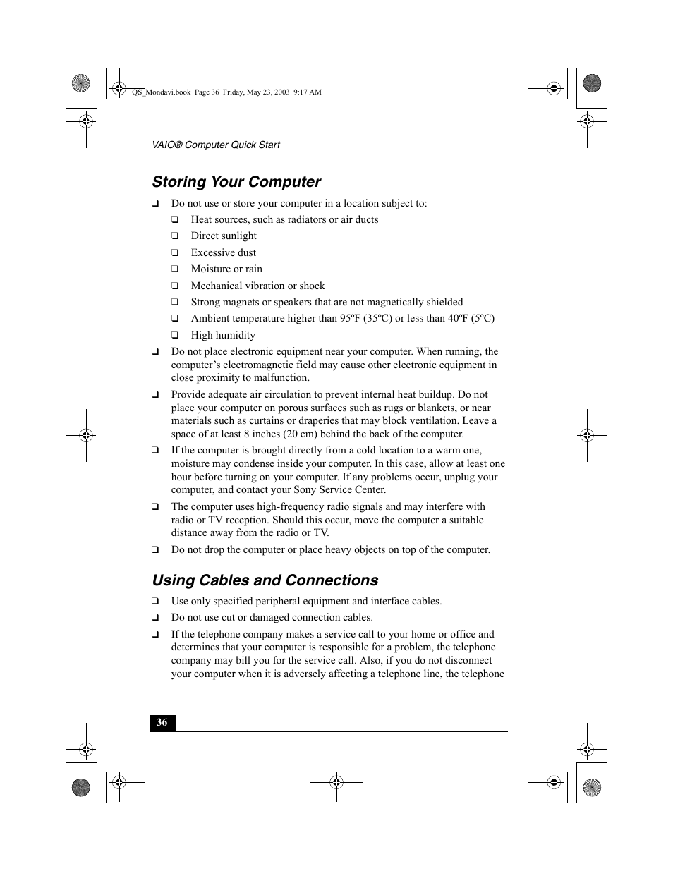 Storing your computer, Using cables and connections, Storing your computer using cables and connections | Sony PCG-FRV27 User Manual | Page 36 / 68