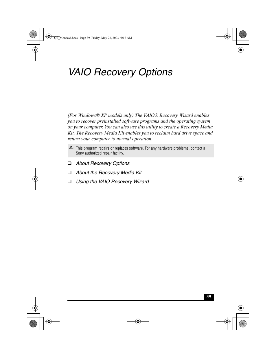 Vaio recovery options | Sony PCG-FRV27 User Manual | Page 39 / 68