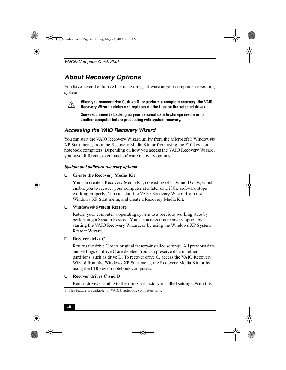 About recovery options, Accessing the vaio recovery wizard | Sony PCG-FRV27 User Manual | Page 40 / 68