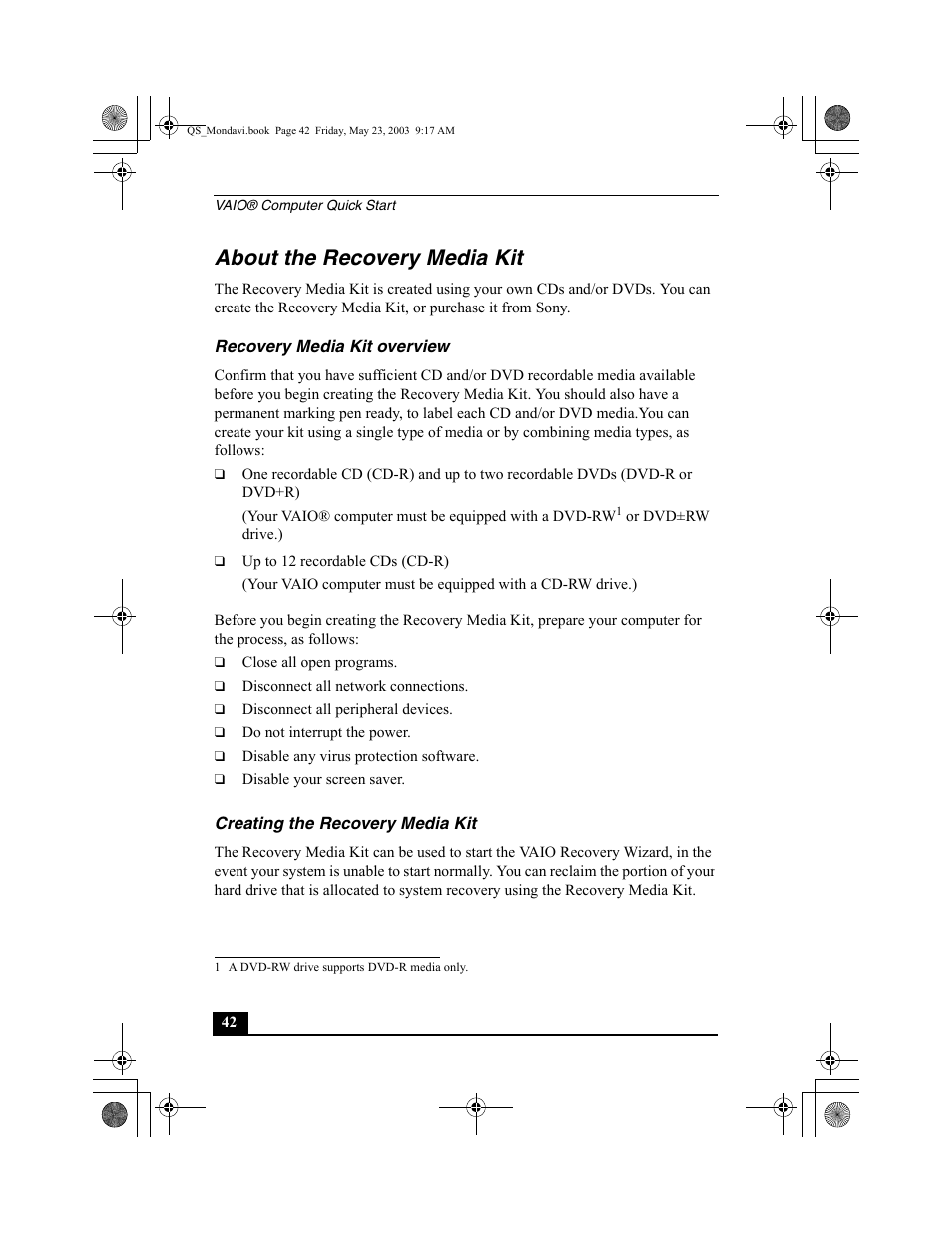 About the recovery media kit, Recovery media kit overview, Creating the recovery media kit | Sony PCG-FRV27 User Manual | Page 42 / 68