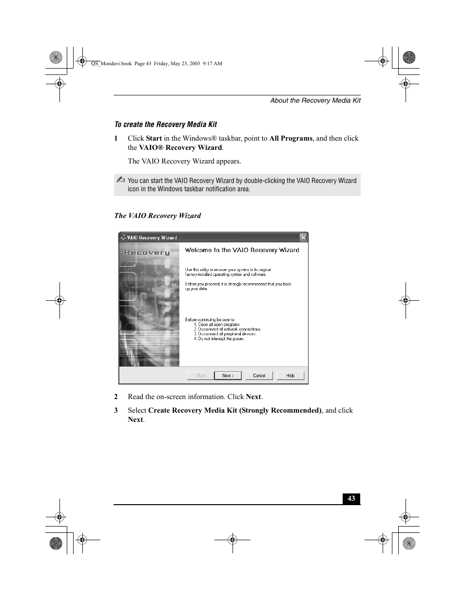 Create the recovery media kit | Sony PCG-FRV27 User Manual | Page 43 / 68