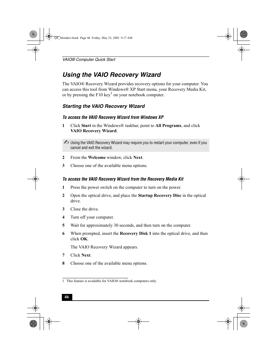 Using the vaio recovery wizard, Starting the vaio recovery wizard | Sony PCG-FRV27 User Manual | Page 46 / 68