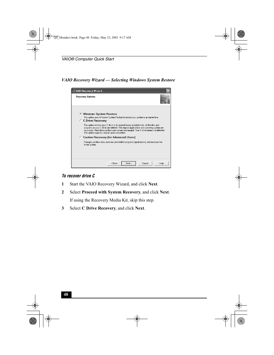 Recover drive c | Sony PCG-FRV27 User Manual | Page 48 / 68