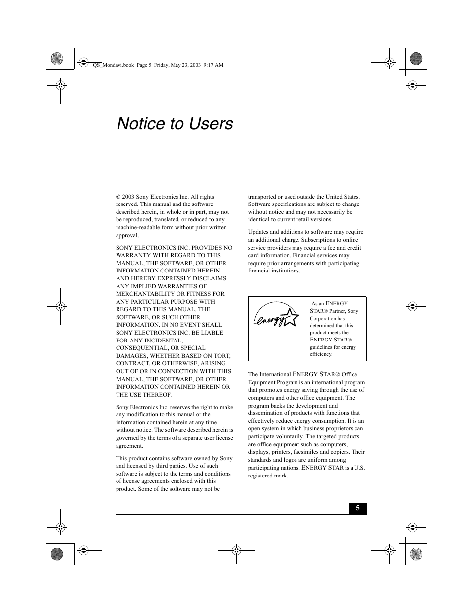 Notice to users | Sony PCG-FRV27 User Manual | Page 5 / 68