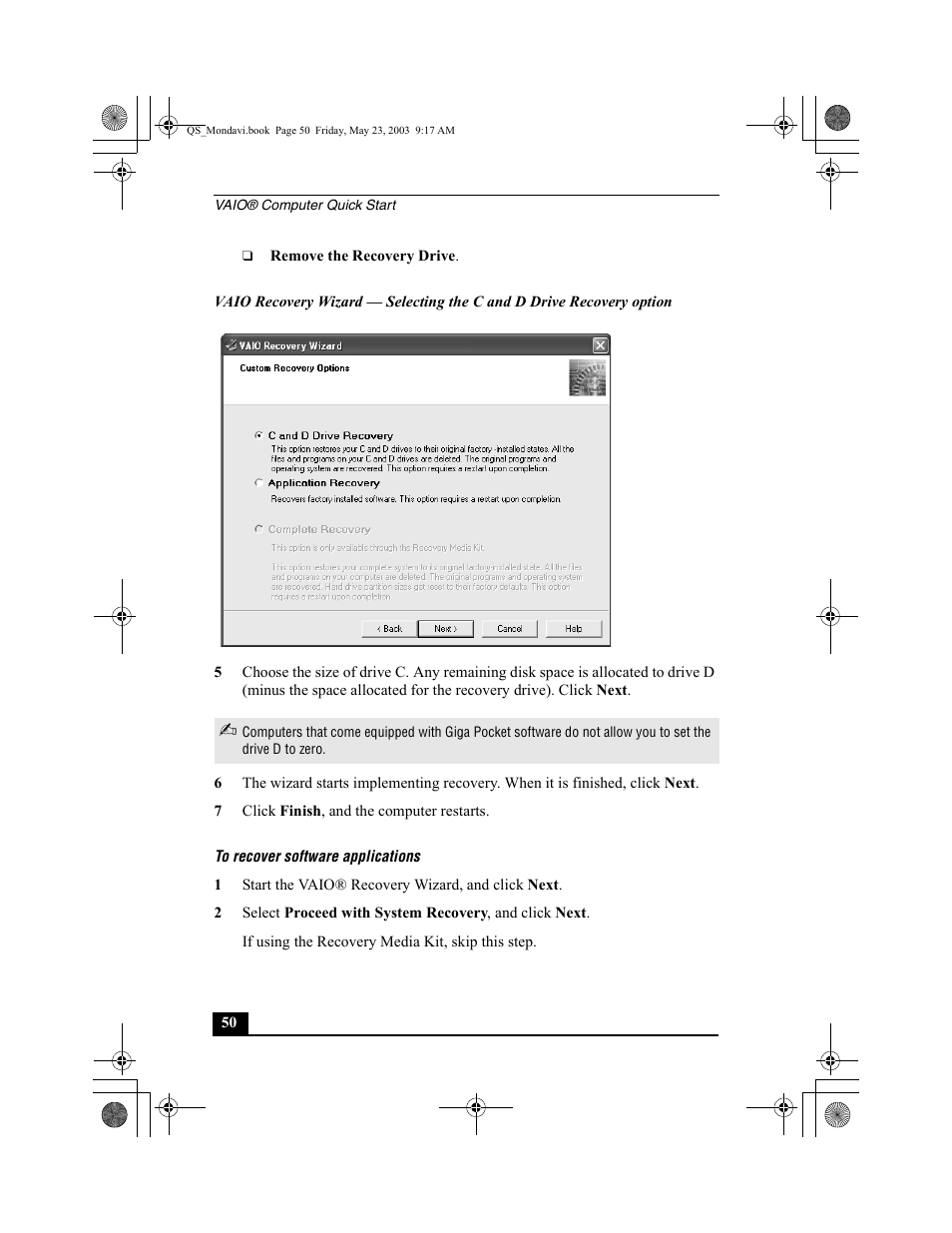 Recover software programs | Sony PCG-FRV27 User Manual | Page 50 / 68