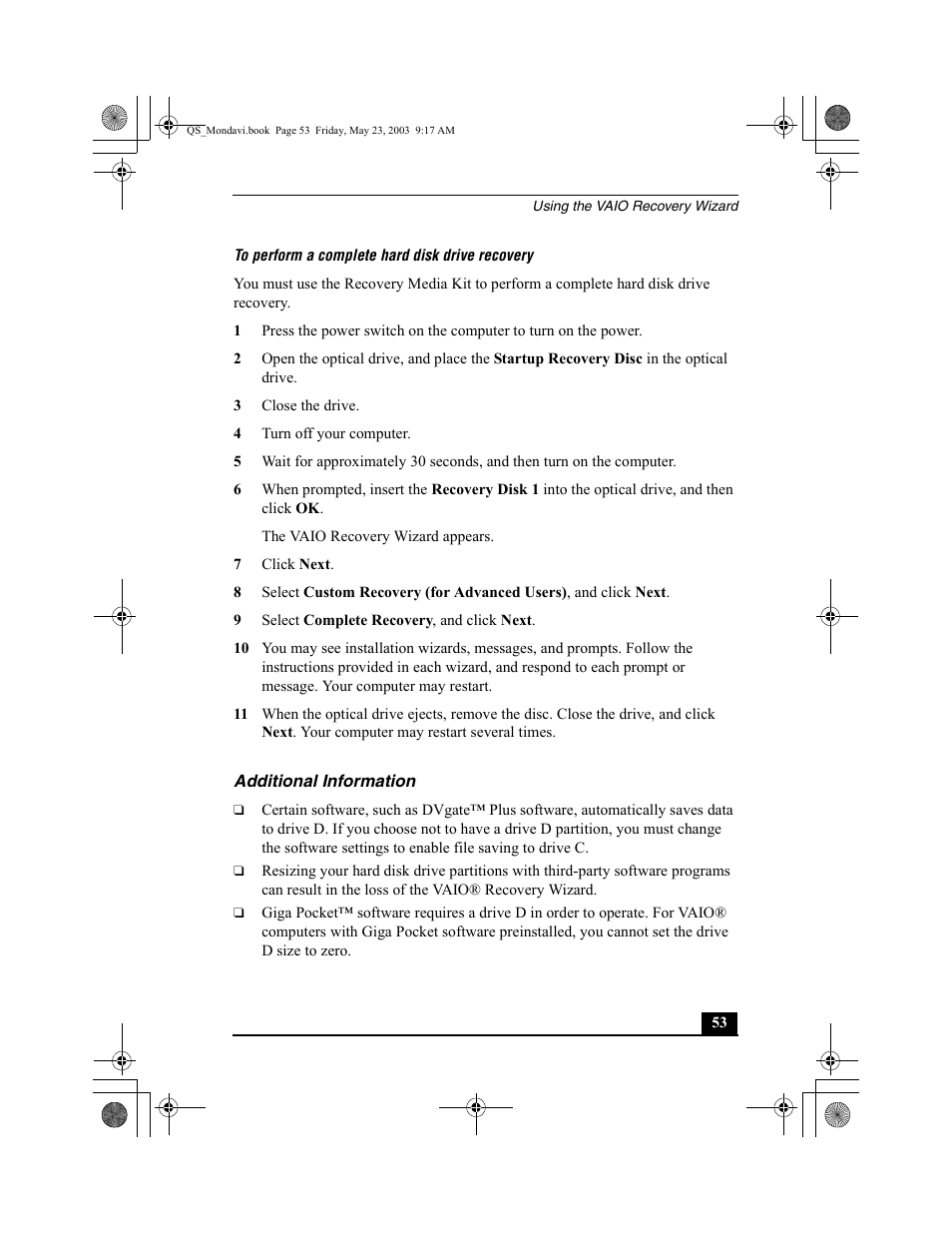 Additional information, Perform a complete hard disk drive recovery | Sony PCG-FRV27 User Manual | Page 53 / 68