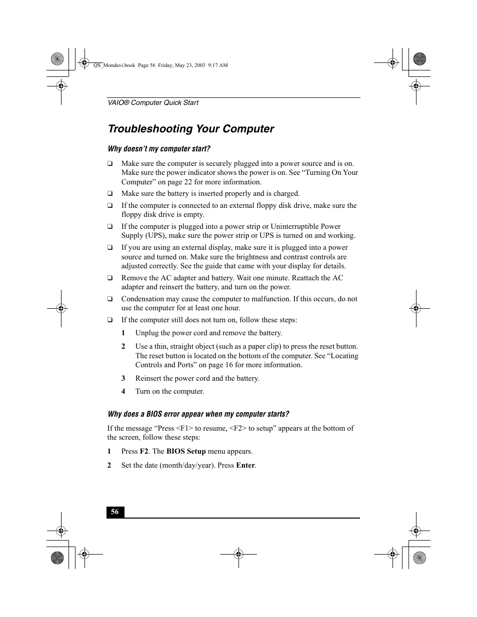 Troubleshooting your computer | Sony PCG-FRV27 User Manual | Page 56 / 68