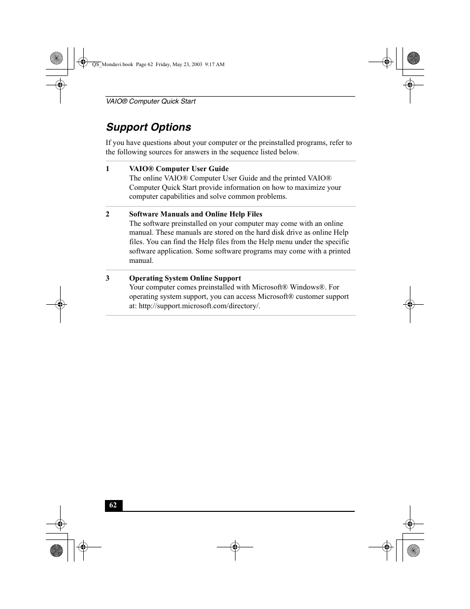 Support options | Sony PCG-FRV27 User Manual | Page 62 / 68