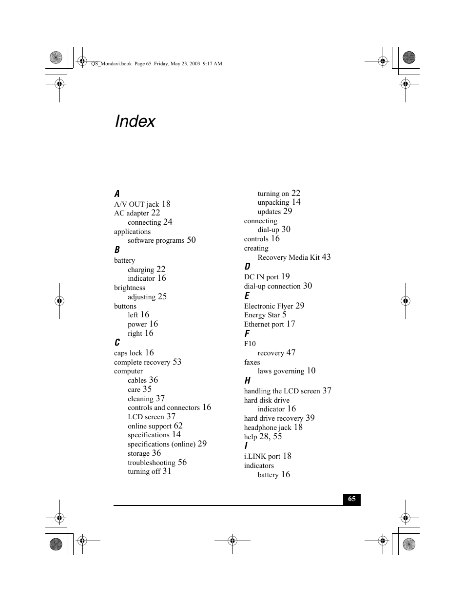 Index | Sony PCG-FRV27 User Manual | Page 65 / 68