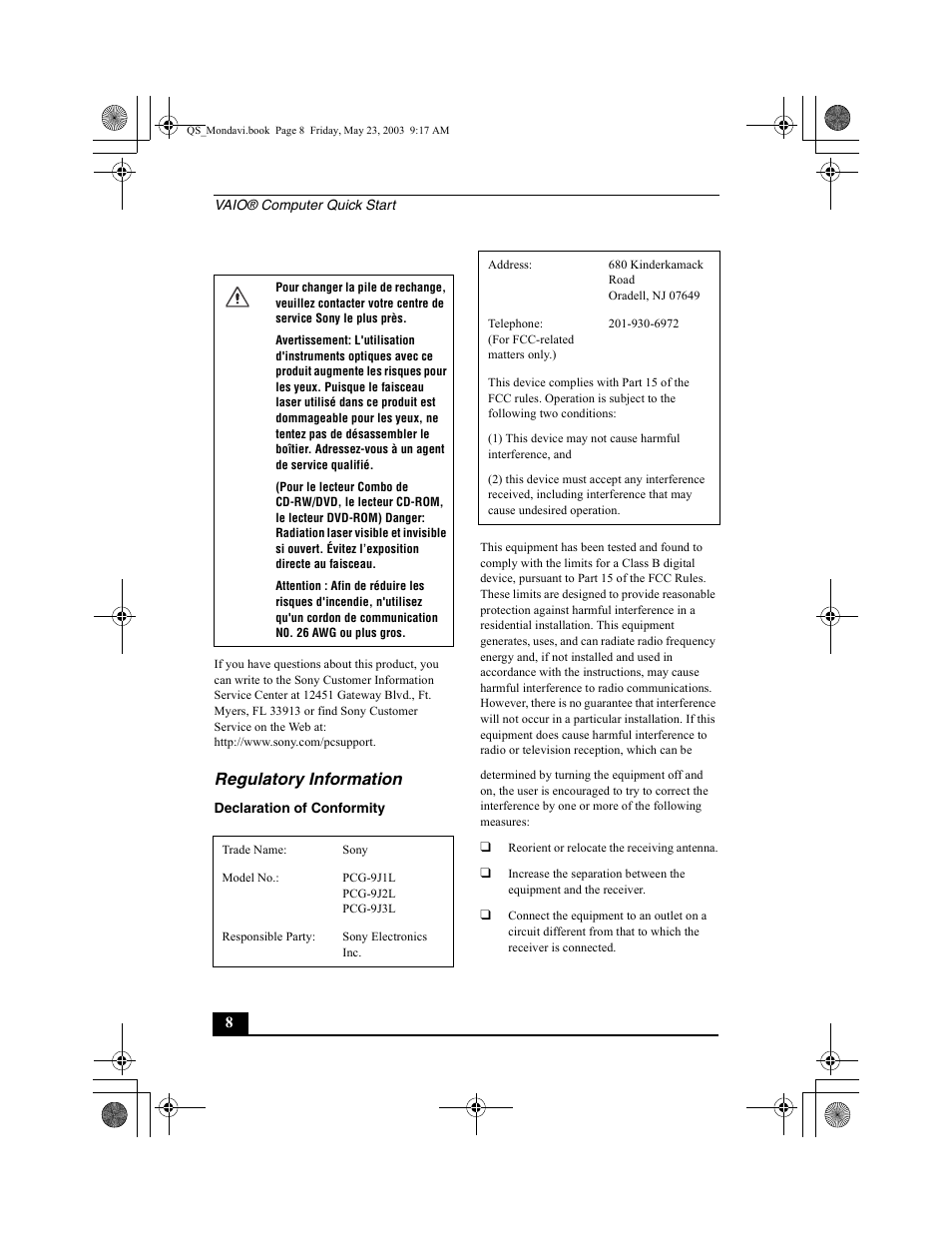 Regulatory information | Sony PCG-FRV27 User Manual | Page 8 / 68