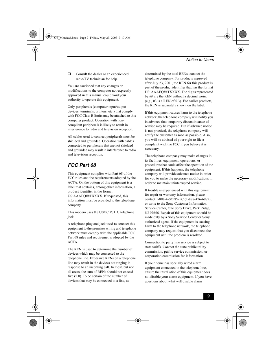 Fcc part 68 | Sony PCG-FRV27 User Manual | Page 9 / 68