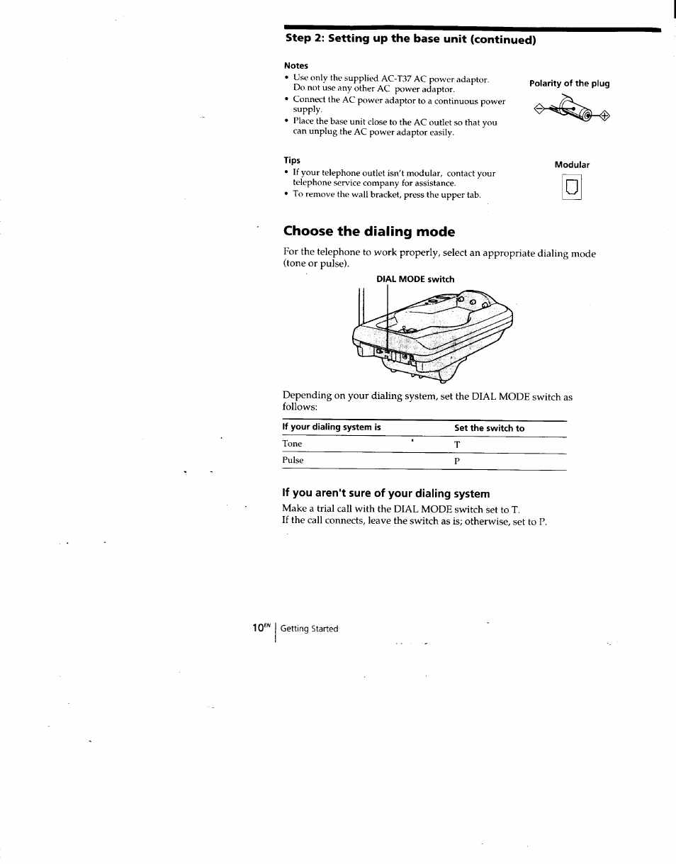 Notes, Tips, Choose the dialing mode | Dial mode switch, If you aren't sure of your dialing system | Sony SPP-SS960 User Manual | Page 10 / 71