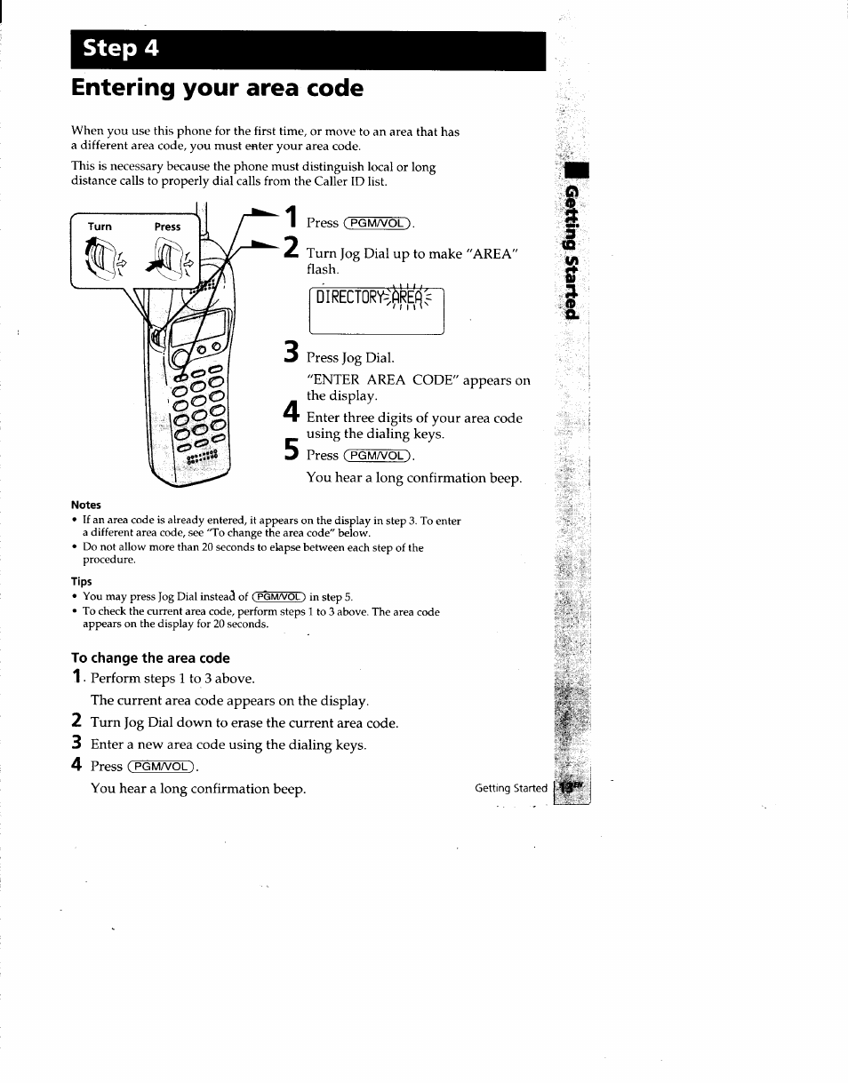 Entering your area code, Turn jog dial up to make "area" flash, Directory=:|^refi | Press jog dial, Enter area code" appears on the display, You hear a long confirmation beep, Notes, Tips, To change the area code, 1 ■ perform steps 1 to 3 above | Sony SPP-SS960 User Manual | Page 13 / 71