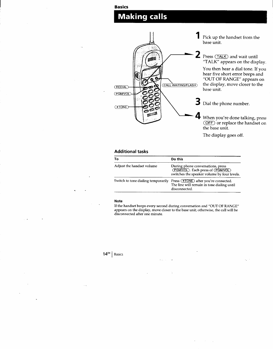 Basics, Making calls, Additional tasks | Note | Sony SPP-SS960 User Manual | Page 14 / 71