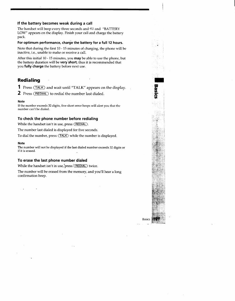 If the battery becomes weak during a call, Redialing, 2 press (redial) to redial the number last dialed | Note, To check the phone number before redialing, To erase the last phone number dialed | Sony SPP-SS960 User Manual | Page 15 / 71