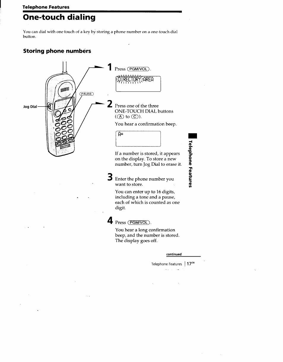 One-touch dialing, Storing phone numbers, Irector'(:=flrefl | Sony SPP-SS960 User Manual | Page 17 / 71