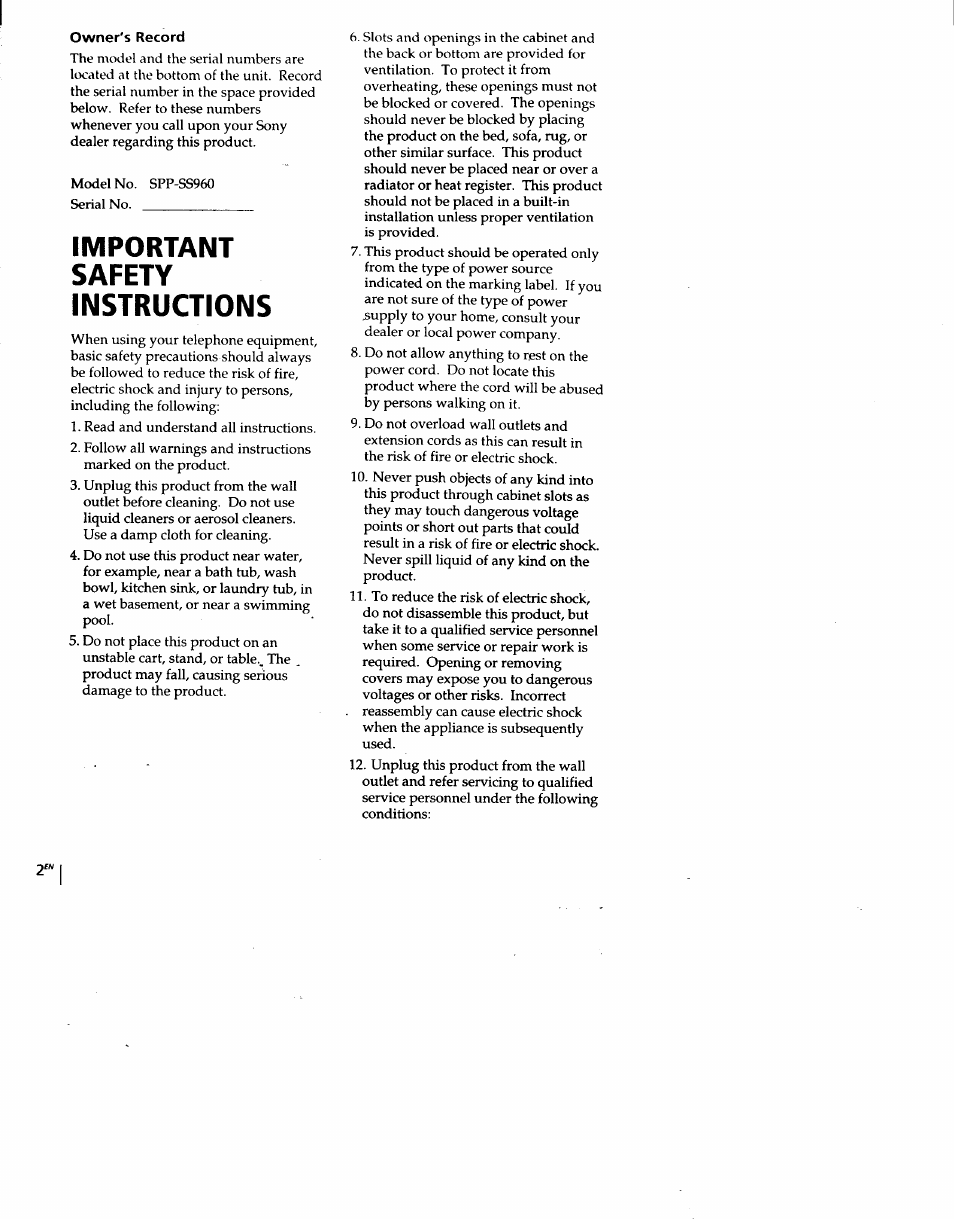 Owner's record, Important, Safety instructions | Sony SPP-SS960 User Manual | Page 2 / 71