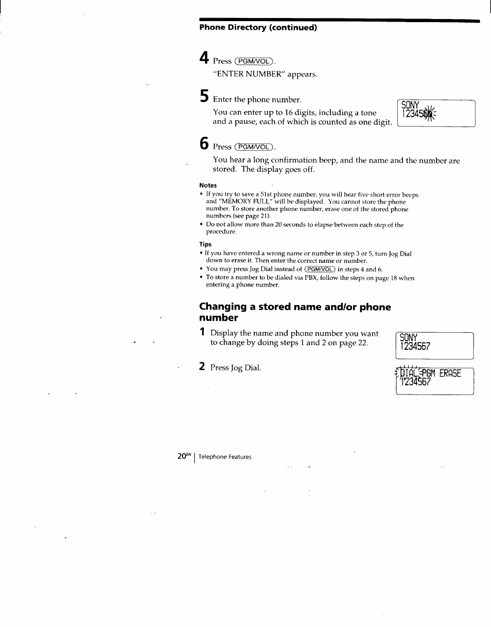 Enter number" appears, Enter the phone number, Notes | Tips, Changing a stored name and/or phone number, 2 press jog dial | Sony SPP-SS960 User Manual | Page 20 / 71