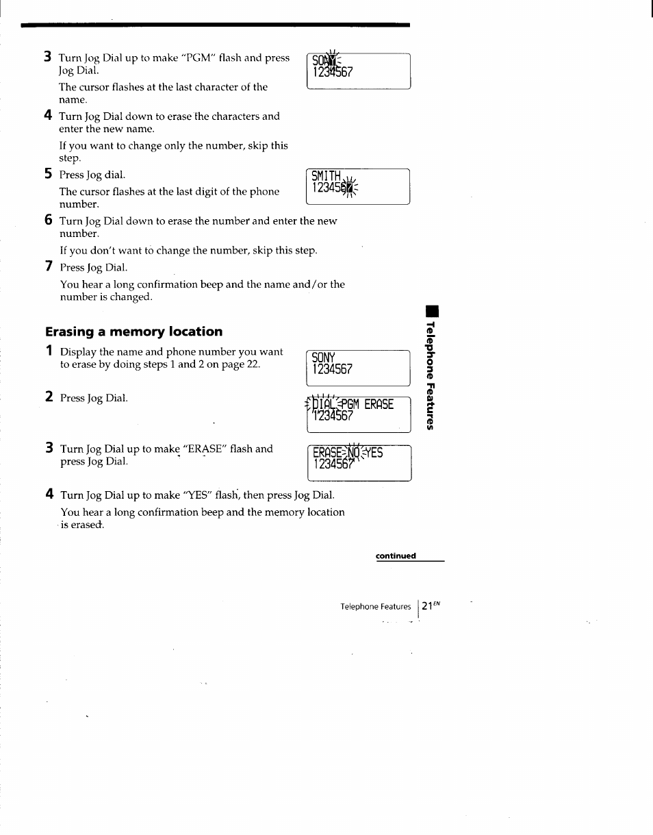Smith,u, Erasing a memory location, Erfise=wd=yes | 123456r | Sony SPP-SS960 User Manual | Page 21 / 71