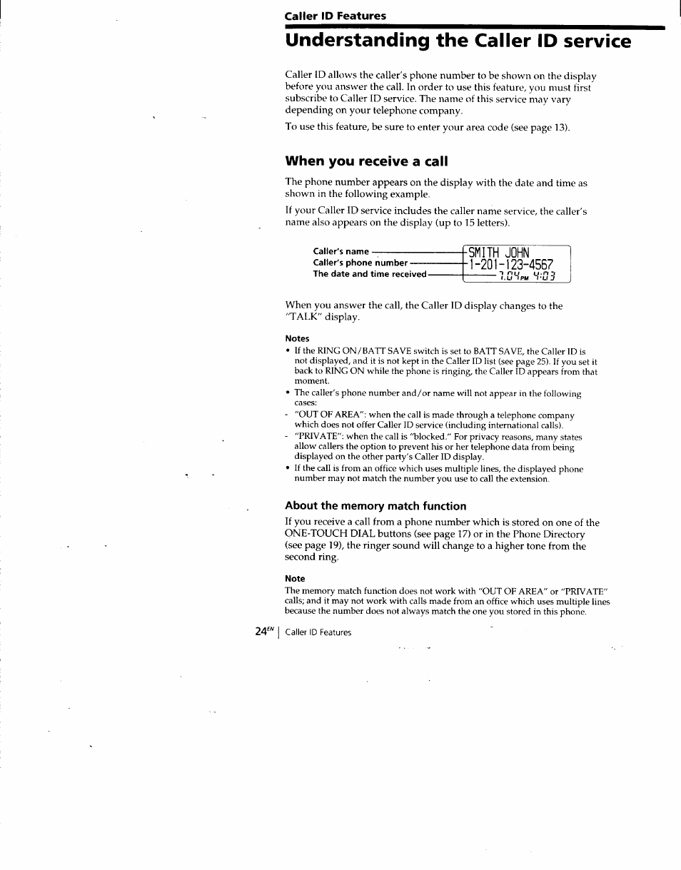 Caller id features, Understanding the caller id service, When you receive a call | Caller's name, Notes, About the memory match function, Note | Sony SPP-SS960 User Manual | Page 24 / 71