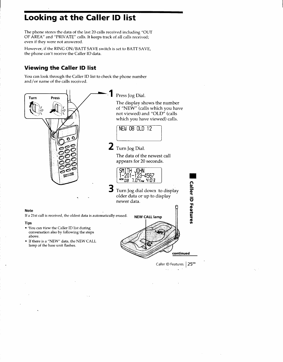 Looking at the caller id list, Viewing the caller id list, New 08 old 12 | Smith john 1-20 h 23-4567, Note, Tips | Sony SPP-SS960 User Manual | Page 25 / 71