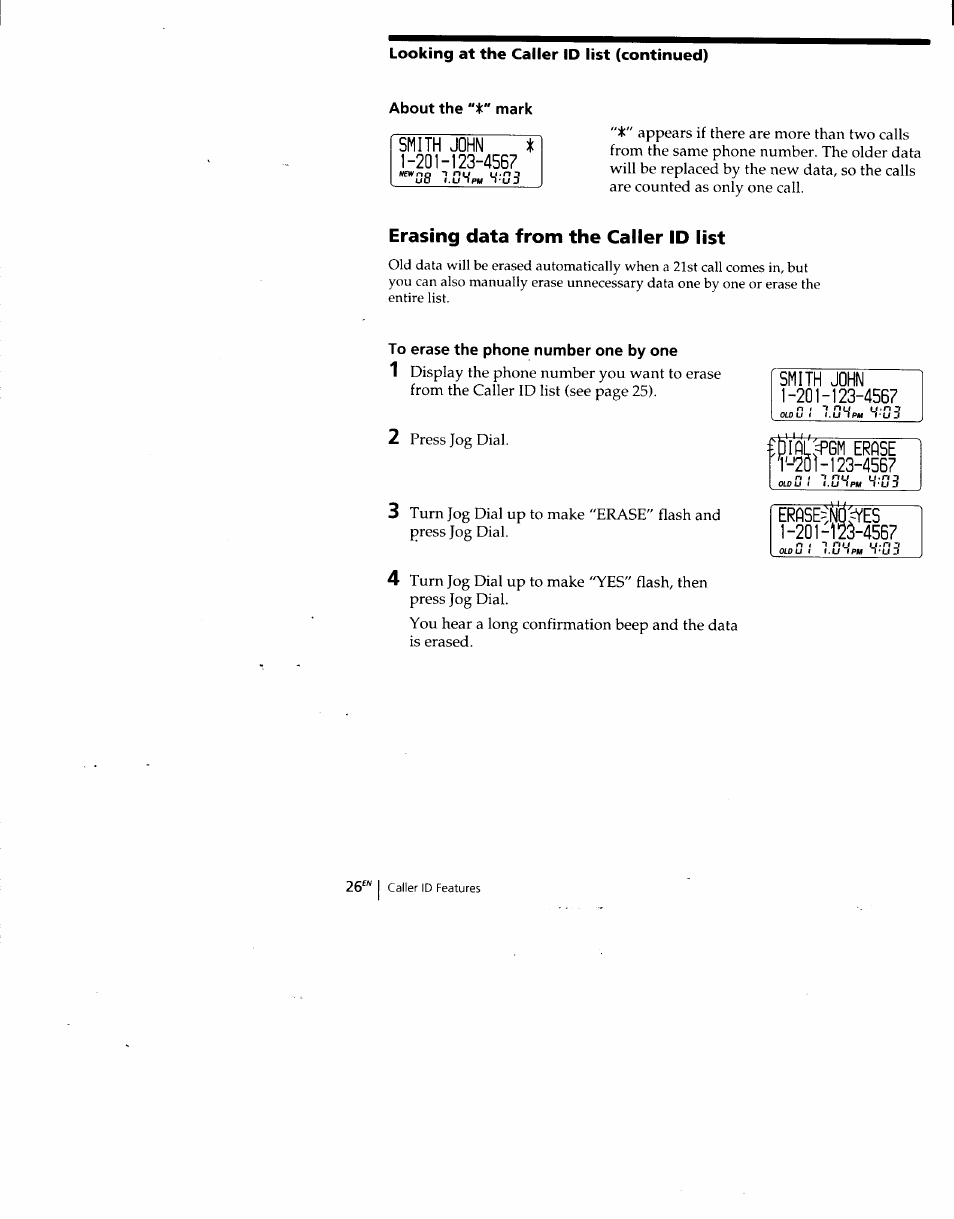 About the mark, Erasing data from the caller id list, To erase the phone number one by one | Sony SPP-SS960 User Manual | Page 26 / 71