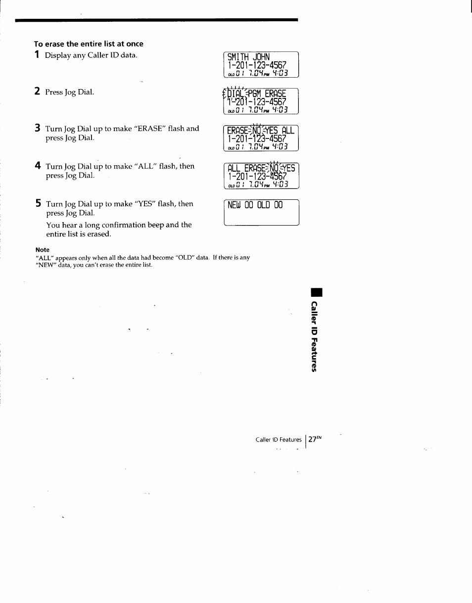To erase the entire list at once, Smith john 1-20 h 23-4567, Fgm erfise •201-123-4567 | Neli) 00 old 00 | Sony SPP-SS960 User Manual | Page 27 / 71