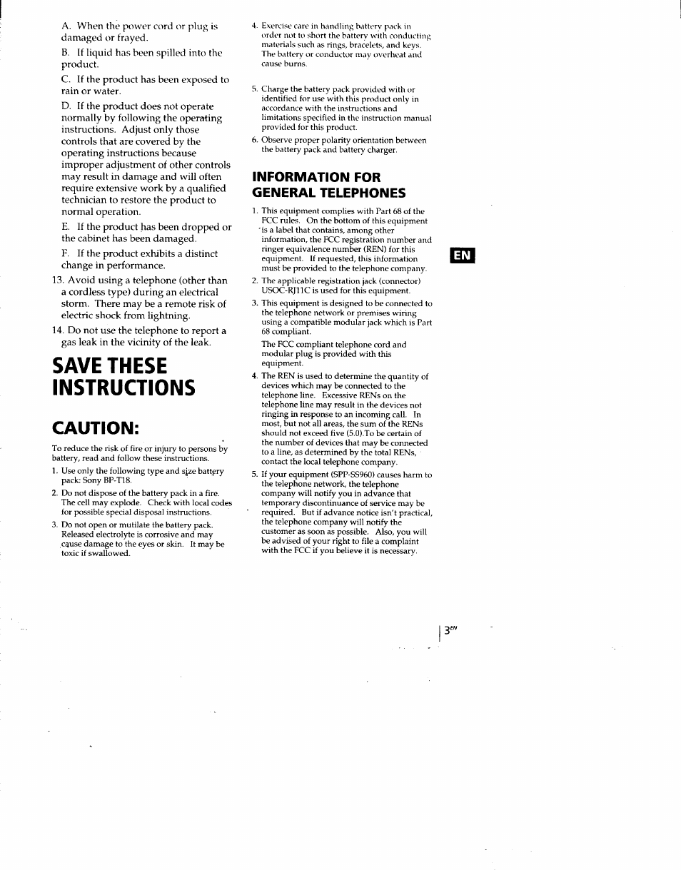 Information for general telephones, Save these instructions caution | Sony SPP-SS960 User Manual | Page 3 / 71