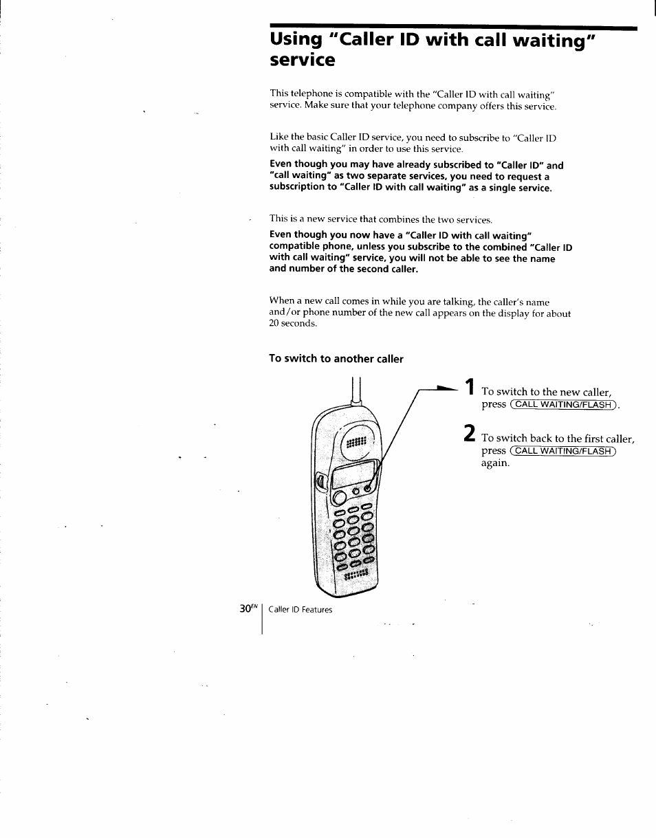 Using "caller id with call waiting service, To switch to another caller | Sony SPP-SS960 User Manual | Page 30 / 71