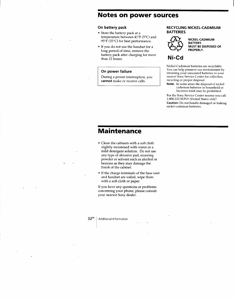 Notes on power sources, On battery pack, Recycling nickel-cadmium batteries | Nickel-cadmium, Battery, Must be disposed of properly, Maintenance, Ni-cd | Sony SPP-SS960 User Manual | Page 32 / 71