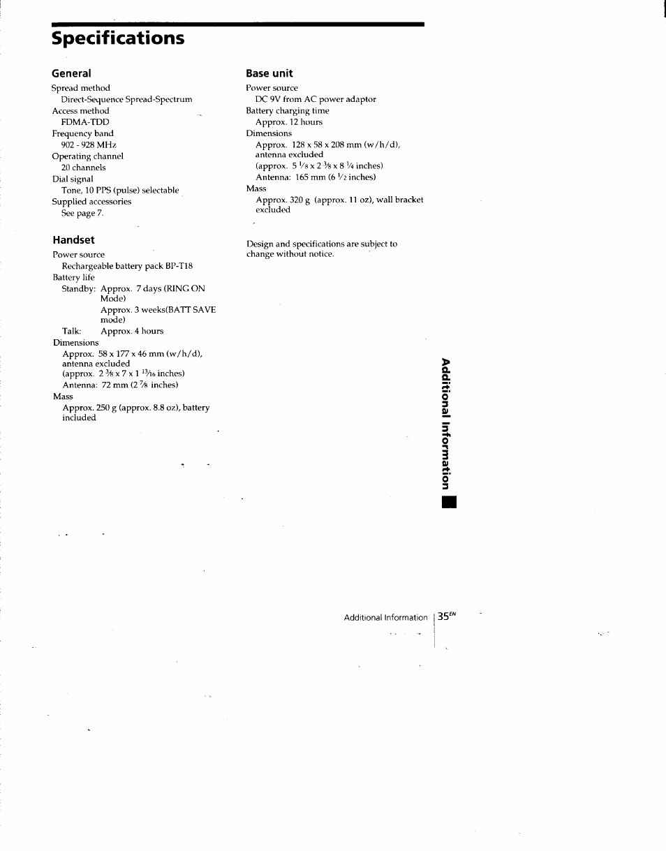 Specifications, Base unit, Handset | Sony SPP-SS960 User Manual | Page 35 / 71
