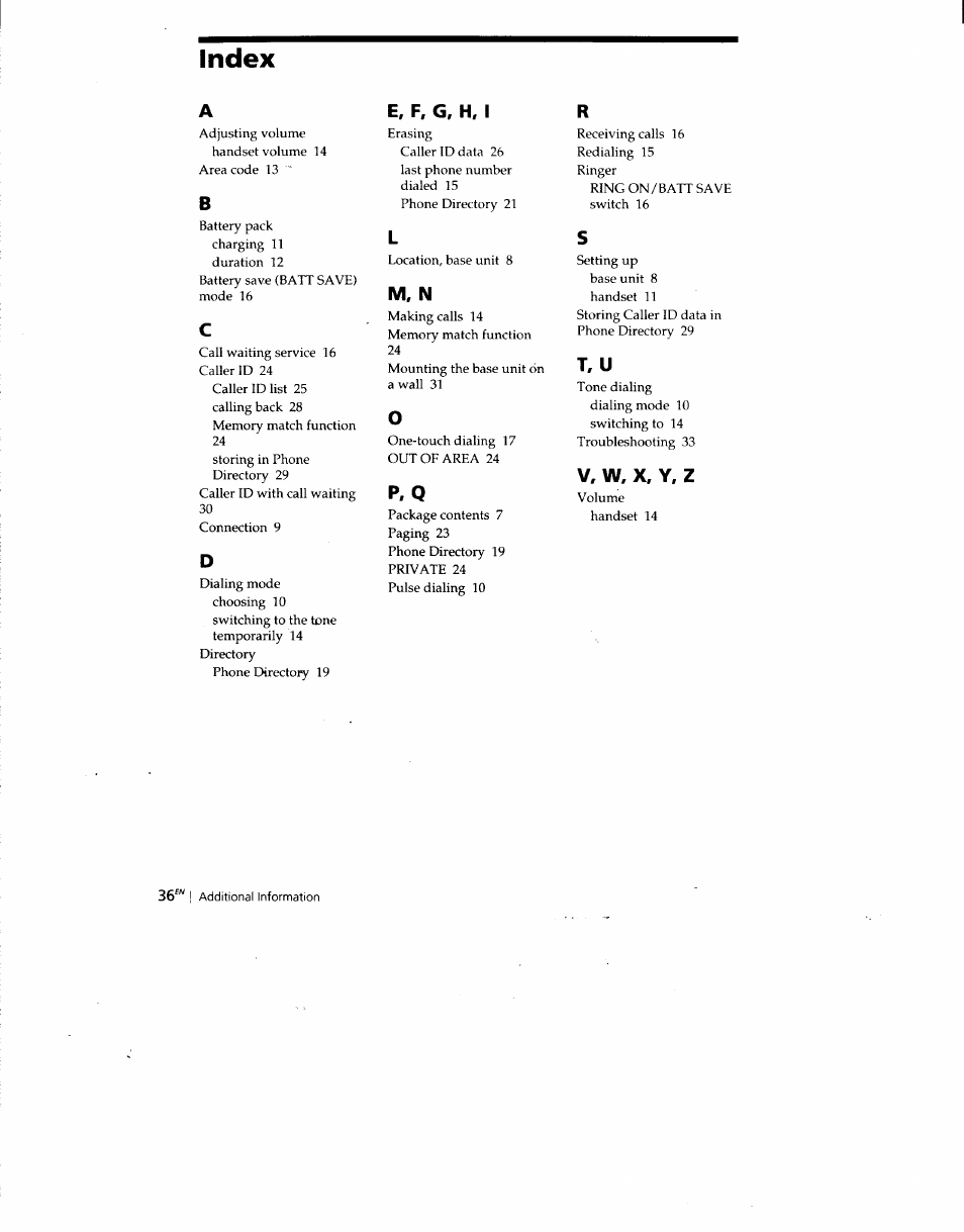 Index, E, f, g, h, i, P, q | V, w, x, y, z, M, n, T, u | Sony SPP-SS960 User Manual | Page 36 / 71