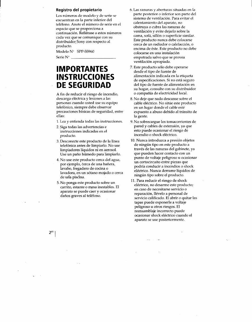 Registro del propietario, Importantes instrucciones de seguridad | Sony SPP-SS960 User Manual | Page 37 / 71