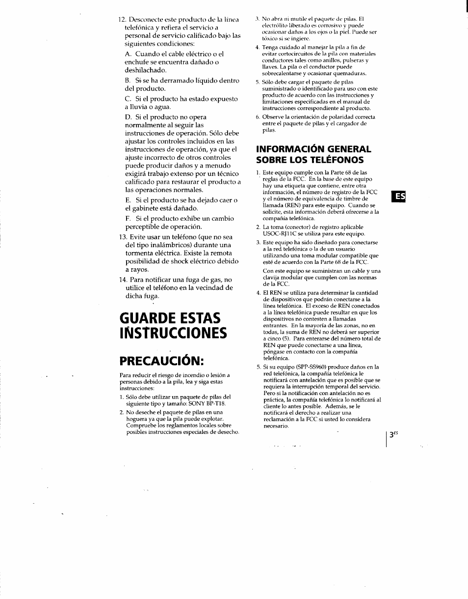 Información general sobre los teléfonos, Guarde estas instrucciones precaución | Sony SPP-SS960 User Manual | Page 38 / 71