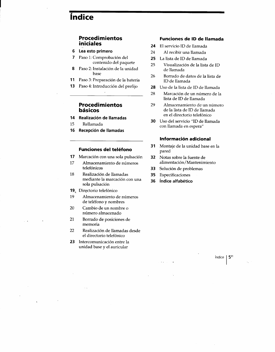 Índice, Procedimientos, Iniciales | Procedimientos básicos | Sony SPP-SS960 User Manual | Page 40 / 71