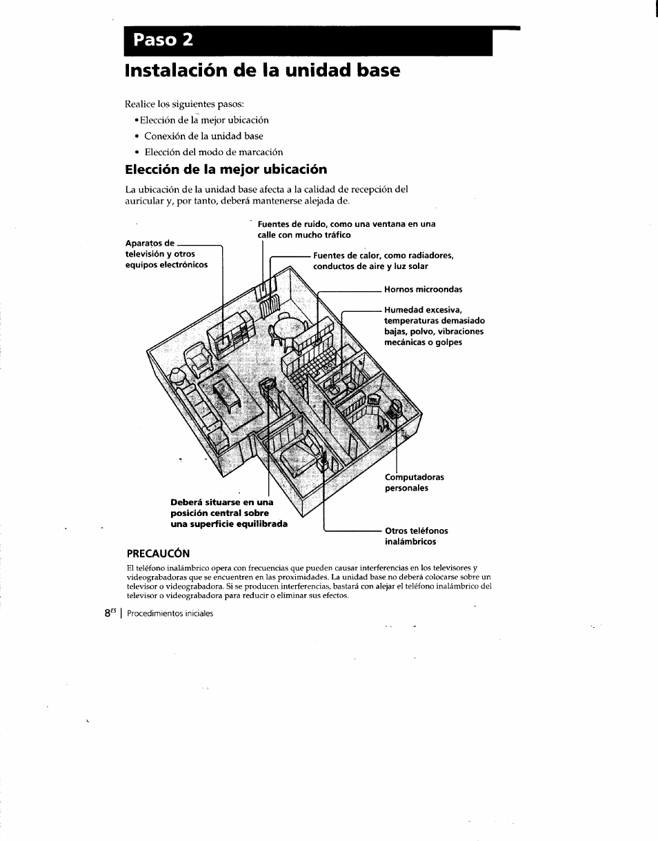 Instalación de la unidad base, Elección de la mejor ubicación, Precaucón | Paso 2 instalación de la unidad base | Sony SPP-SS960 User Manual | Page 43 / 71