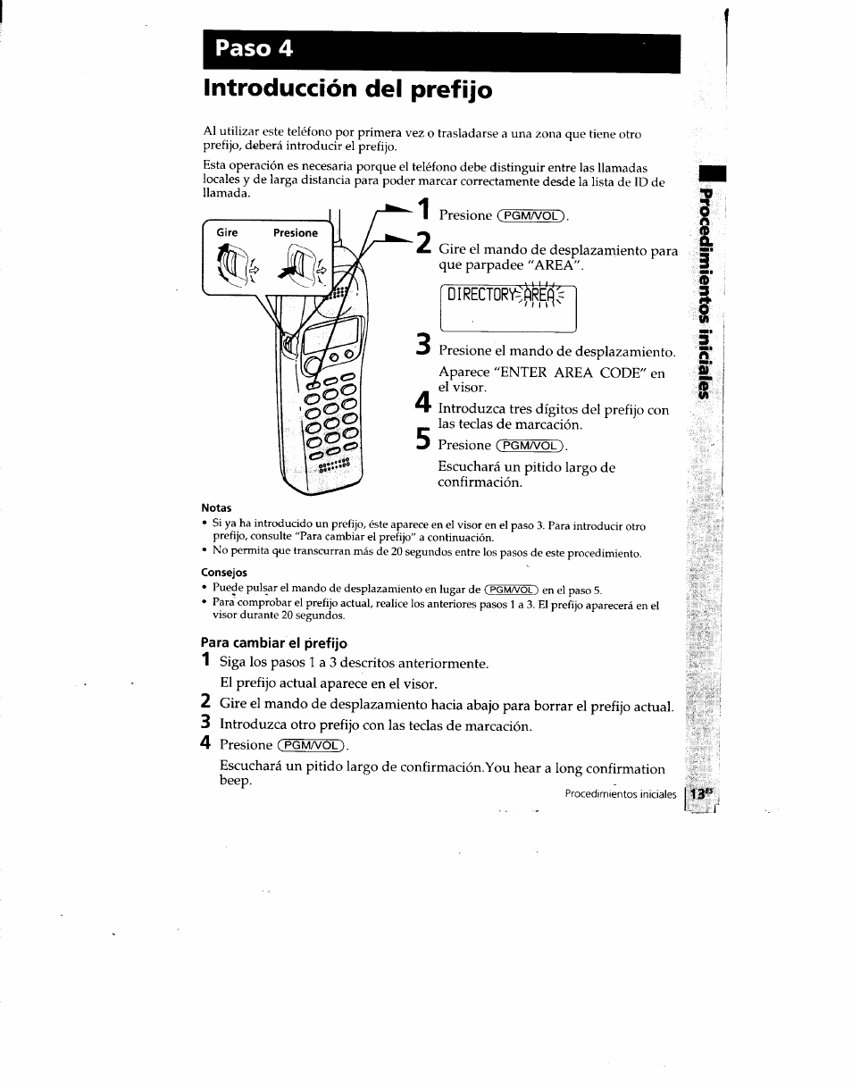 Introducción del prefijo, Director'ííjlrejjí, Notas | Consejos, Para cambiar el prefijo, 4 presione ( pgmafol), Paso 4 introducción del prefijo | Sony SPP-SS960 User Manual | Page 48 / 71