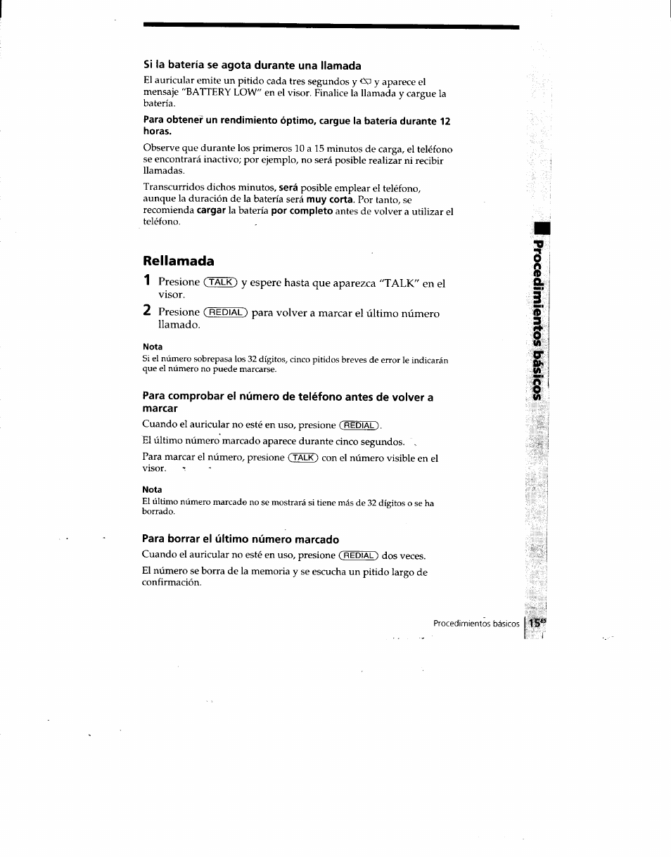 Si la batería se agota durante una llamada, Rellamada, Nota | Para borrar el último número marcado, Rellamada 1 | Sony SPP-SS960 User Manual | Page 50 / 71
