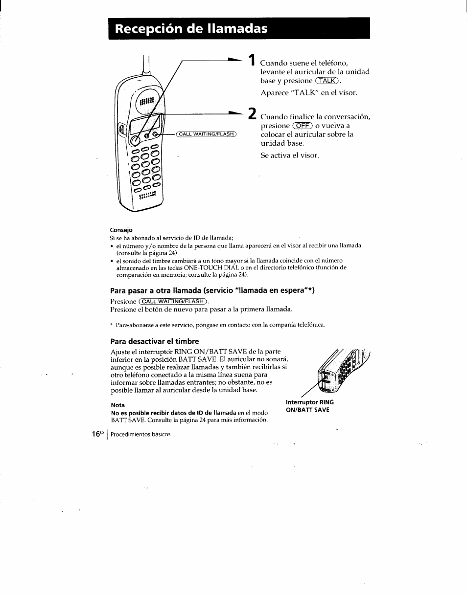 Recepción de llamadas, Consejo, Para desactivar el timbre | Nota | Sony SPP-SS960 User Manual | Page 51 / 71