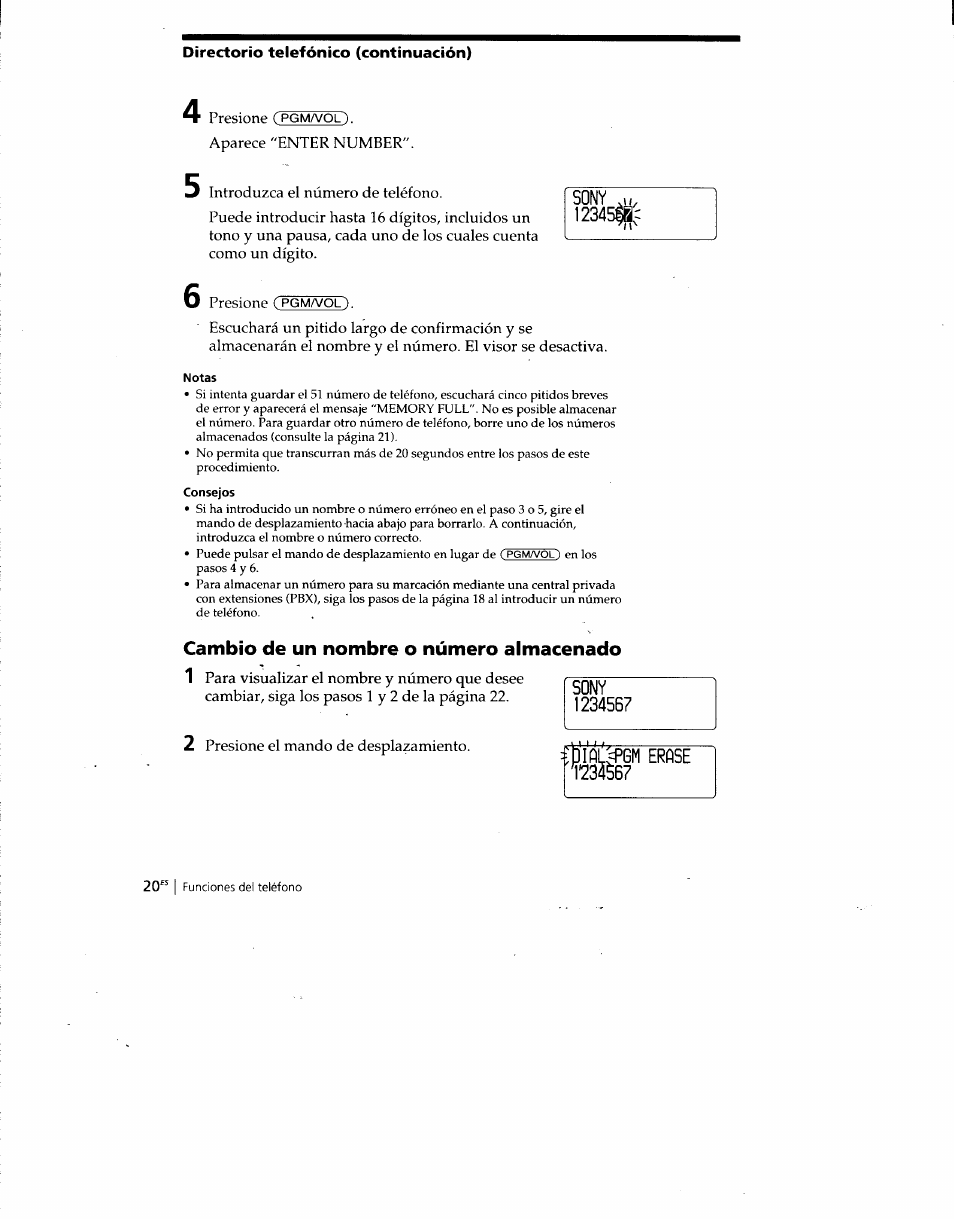 Aparece “enter number, Introduzca el número de teléfono, 0 presione (pgma/ol) | Notas, Consejos, Cambio de un nombre o número almacenado, 2 presione el mando de desplazamiento, Erfise, Sony | Sony SPP-SS960 User Manual | Page 55 / 71