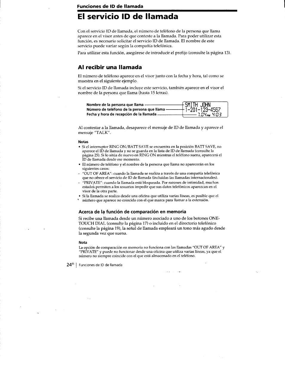 Funciones de id de llamada, El servicio id de llamada, Al recibir una llamada | Acerca de la función de comparación en memoria | Sony SPP-SS960 User Manual | Page 59 / 71