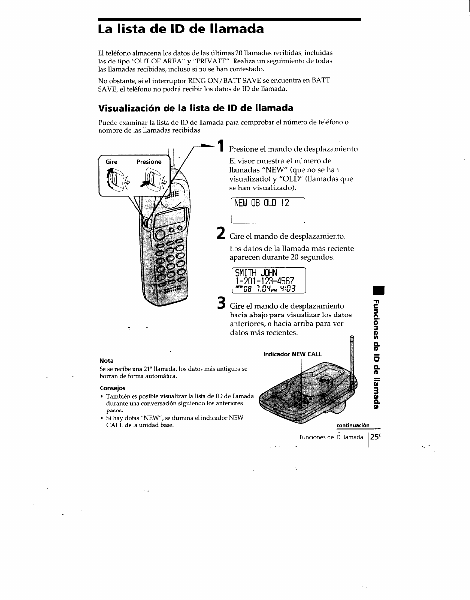 La lista de id de llamada, Visualización de la lista de id de llamada, Nota | Consejos | Sony SPP-SS960 User Manual | Page 60 / 71
