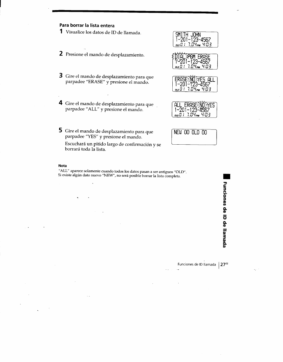 Para borrar la lista entera, Smith john i-201-123-456, Ertìse t'-25í-123-456 | Erftse^nql^es all 1-201-l2à-456, All erase=:m¿yes 1-201-123-45é, Nelil 00 old 00 | Sony SPP-SS960 User Manual | Page 62 / 71