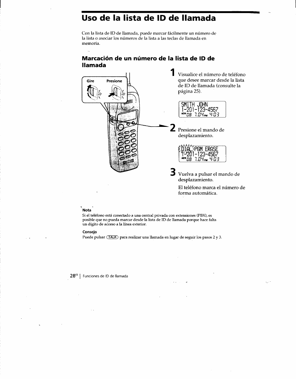 Uso de la lista de id de llamada, Smith john 1-20 h 23-4567, Fgm erftse t-'20i-123-4567 | Nota, Consejo | Sony SPP-SS960 User Manual | Page 63 / 71